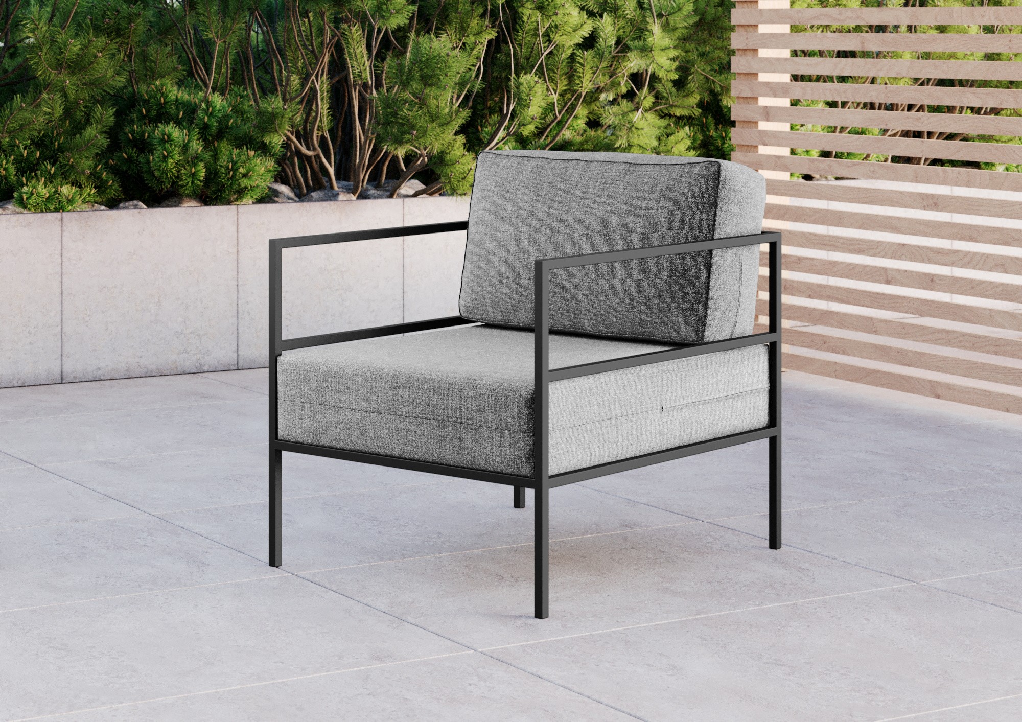 Sofa ogrodowa w stylu loft – szare poduszki na czarnym stalowym stelażu Sofa ogrodowa w stylu loft – szare poduszki na czarnym stalowym stelażu