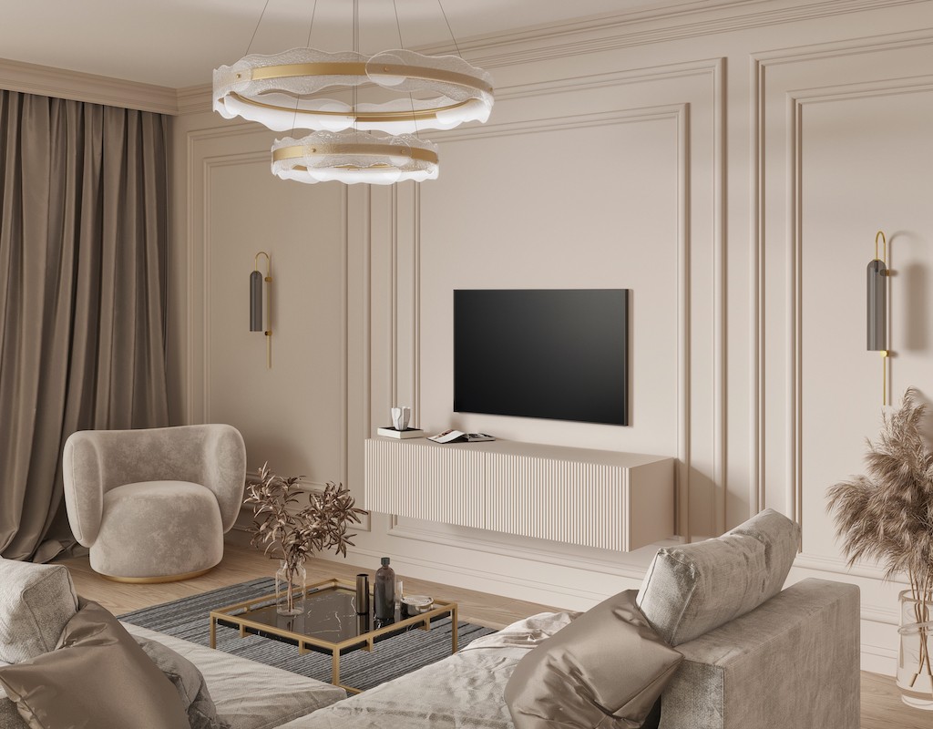 Nowoczesna szafka pod telewizor w kolorze kaszmiru – model BOSTON z pionowym frezowaniem Nowoczesna szafka pod telewizor w kolorze kaszmiru – model BOSTON z pionowym frezowaniem