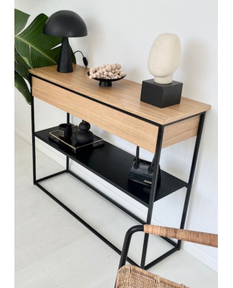 MALMO Wall-Mounted Console Table with an Oak Top, Black Shelf, and Drawer – Modern Design MALMO Wall-Mounted Console Table with an Oak Top, Black Shelf, and Drawer – Modern Design