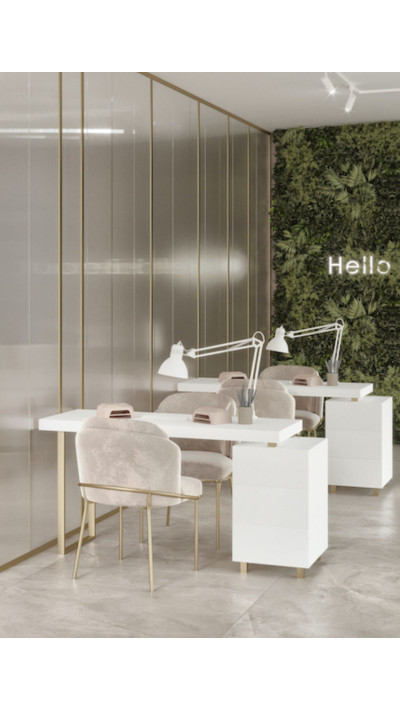 White MALLY makeup vanity with gold legs and a spacious drawer unit